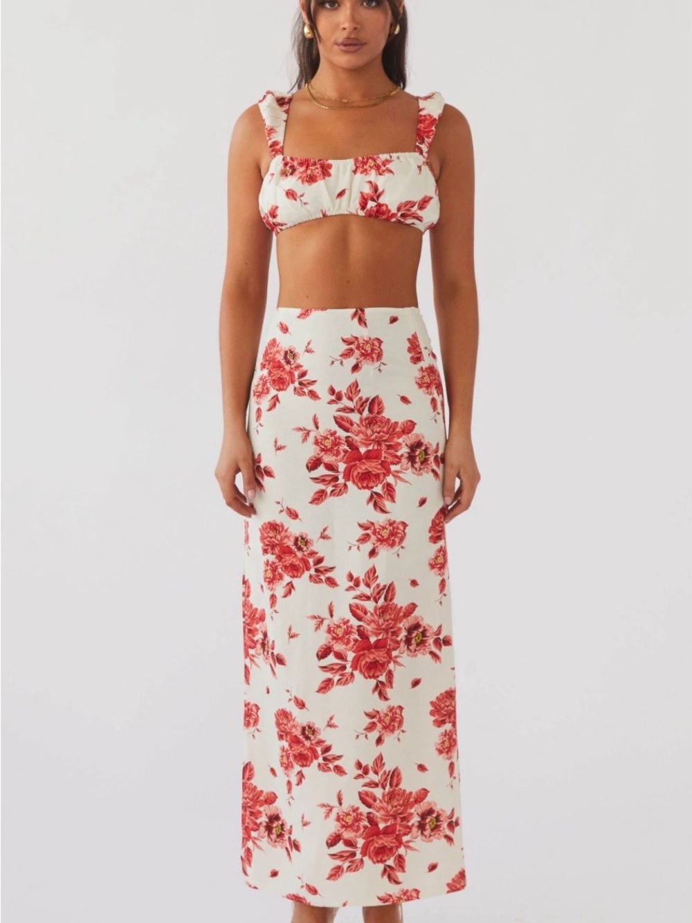 Floral Maxi Skirt in Red on Cream